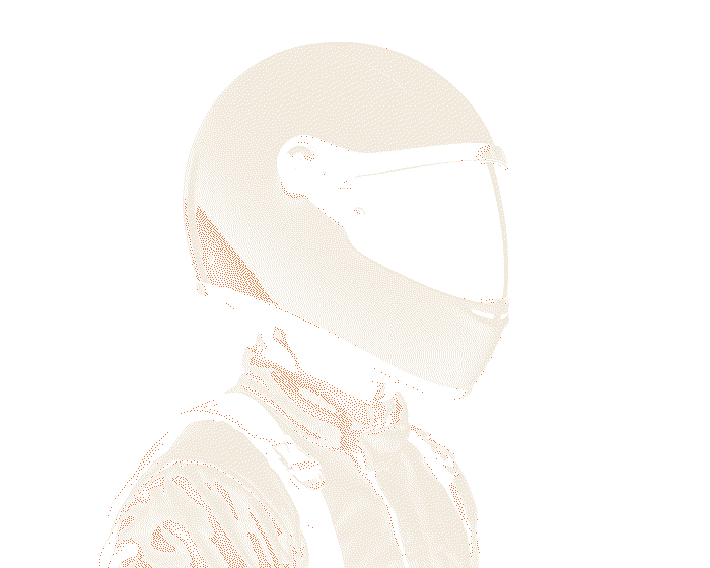 A rally co-driver in a white helmet, in profile, rendered in dots